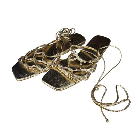 Rouge Metallic Gold Lace Up Sandals Summer Resort Vacation Beach 11 - Picture 1 of 6